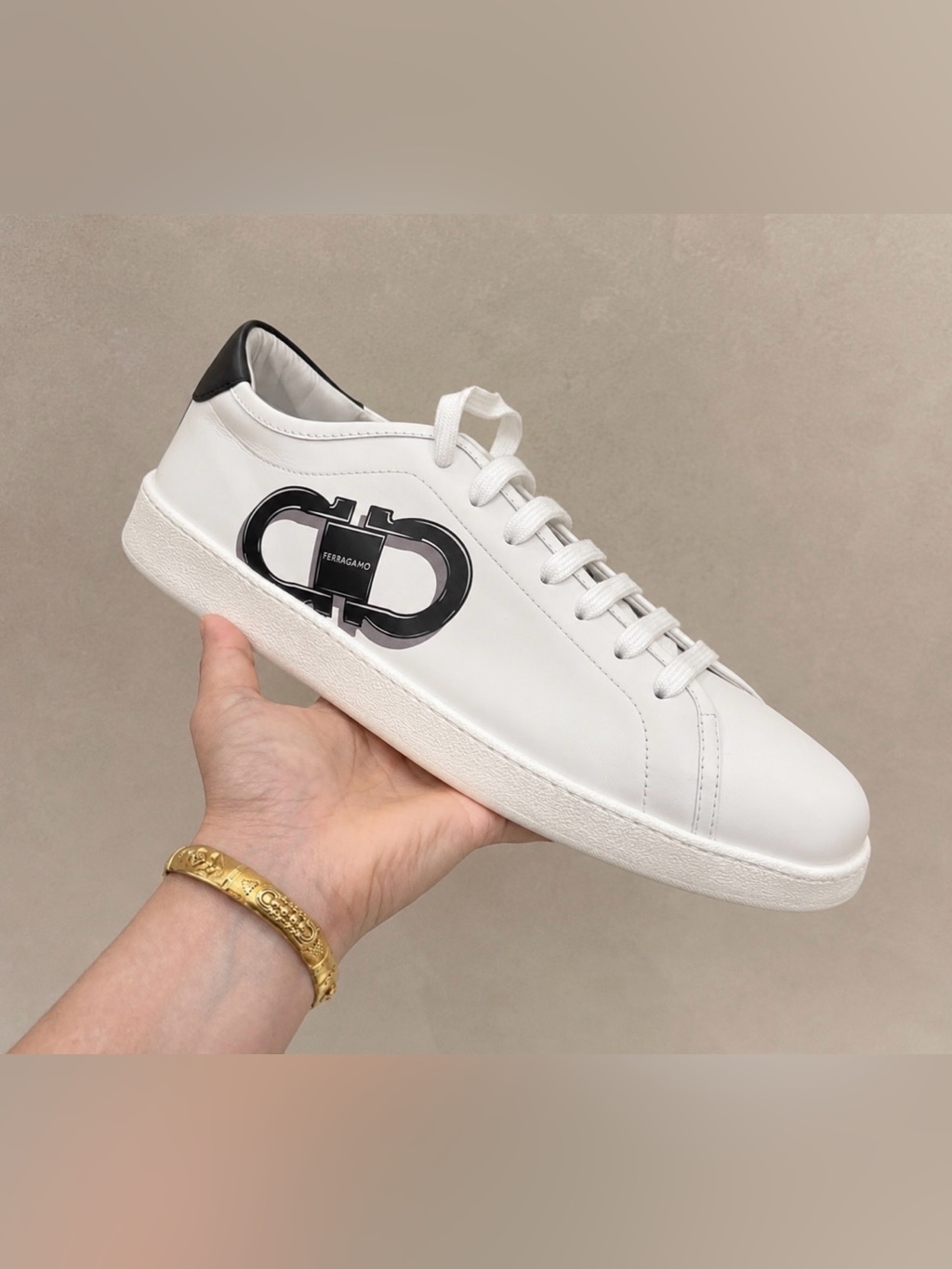 Salvatore Ferragamo White Leather Men Sneaker With Black Gancini Size 12 And 13